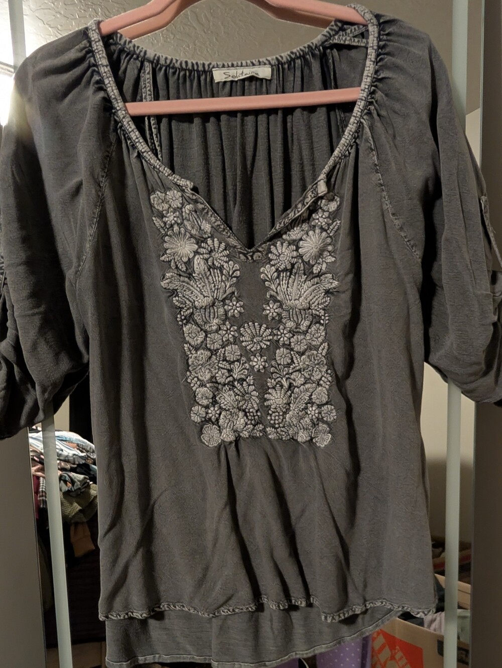 Solitaire Charcoal Embroidered V-Neck Tunic